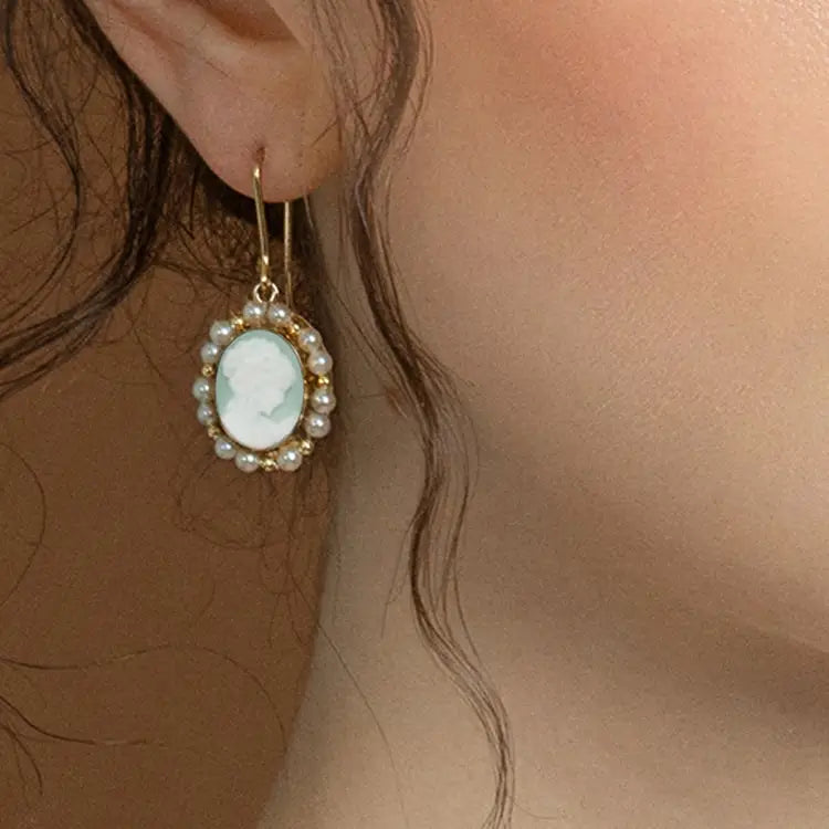 Green Cameo Pearl Earrings